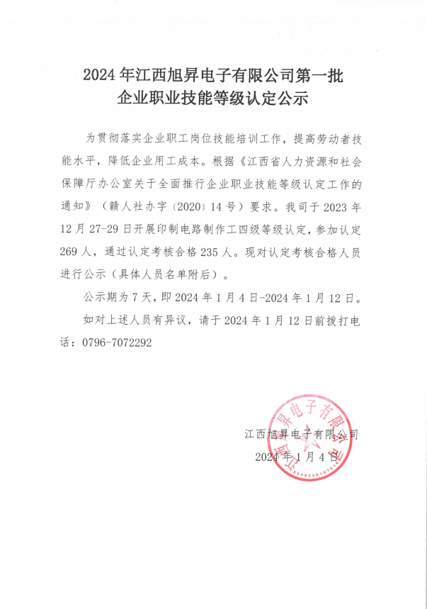 2024年江西旭昇電子有限公司第一批企業(yè)職業(yè)技能等級(jí)認(rèn)定公示